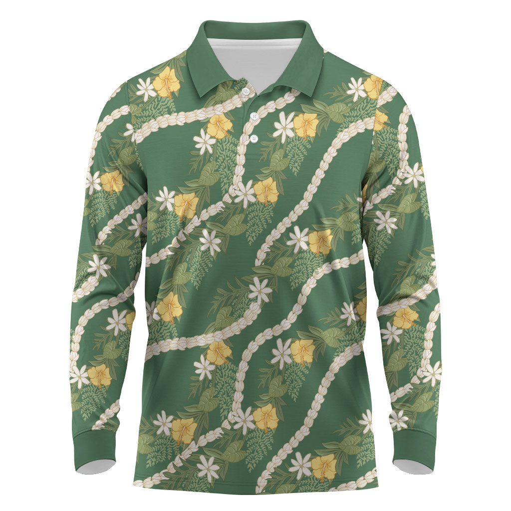 Hawaiian Pikake Maile Lei Long Sleeve Polo Shirt Tiare Hibiscus Kalo Palapalai Leaf Green