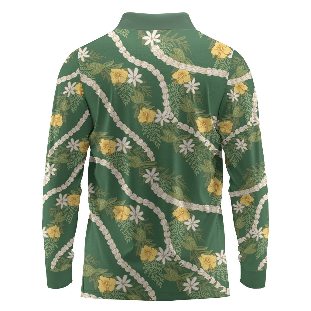 Hawaiian Pikake Maile Lei Long Sleeve Polo Shirt Tiare Hibiscus Kalo Palapalai Leaf Green LT19 - Polynesian Pride