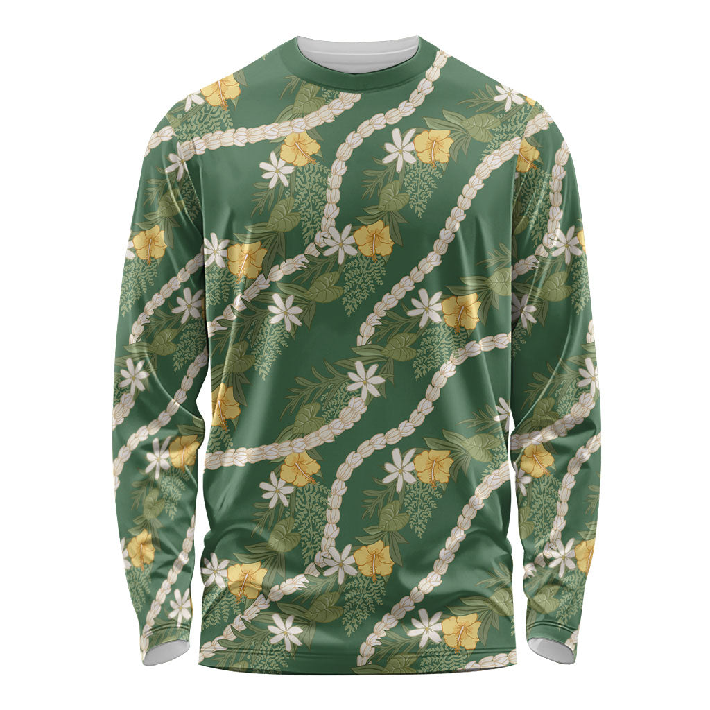 Hawaiian Pikake Maile Lei Long Sleeve Shirt Tiare Hibiscus Kalo Palapalai Leaf Green LT19 Unisex Green - Polynesian Pride