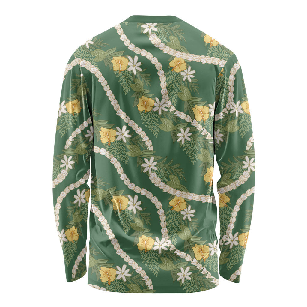 Hawaiian Pikake Maile Lei Long Sleeve Shirt Tiare Hibiscus Kalo Palapalai Leaf Green LT19 - Polynesian Pride