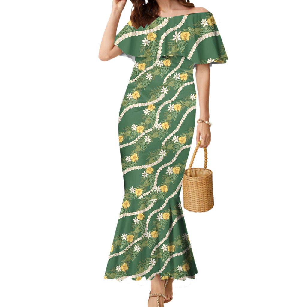 Hawaiian Pikake Maile Lei Mermaid Dress Tiare Hibiscus Kalo Palapalai Leaf Green