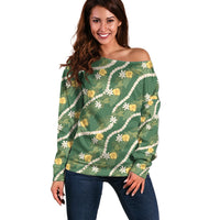 Hawaiian Pikake Maile Lei Off Shoulder Sweater Tiare Hibiscus Kalo Palapalai Leaf Green