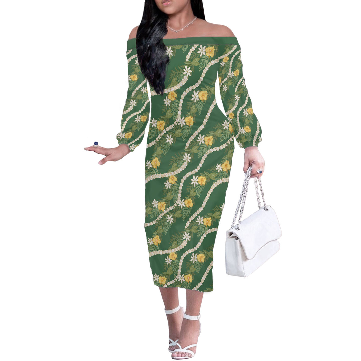 Hawaiian Pikake Maile Lei Off The Shoulder Long Sleeve Dress Tiare Hibiscus Kalo Palapalai Leaf Green LT19 Women Green - Polynesian Pride
