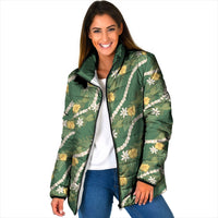 Hawaiian Pikake Maile Lei Padded Jacket Tiare Hibiscus Kalo Palapalai Leaf Green