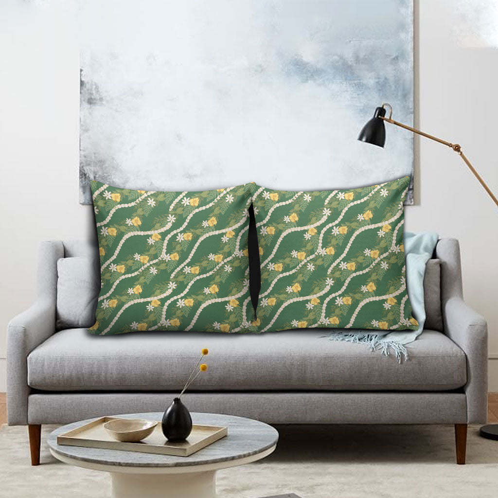 Hawaiian Pikake Maile Lei Pillow Cover Tiare Hibiscus Kalo Palapalai Leaf Green LT19 - Polynesian Pride