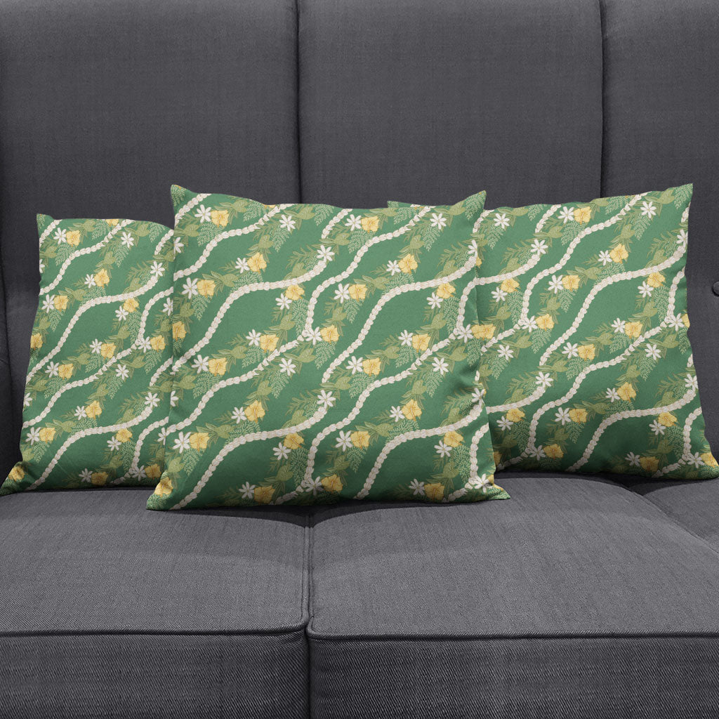Hawaiian Pikake Maile Lei Pillow Cover Tiare Hibiscus Kalo Palapalai Leaf Green LT19 - Polynesian Pride