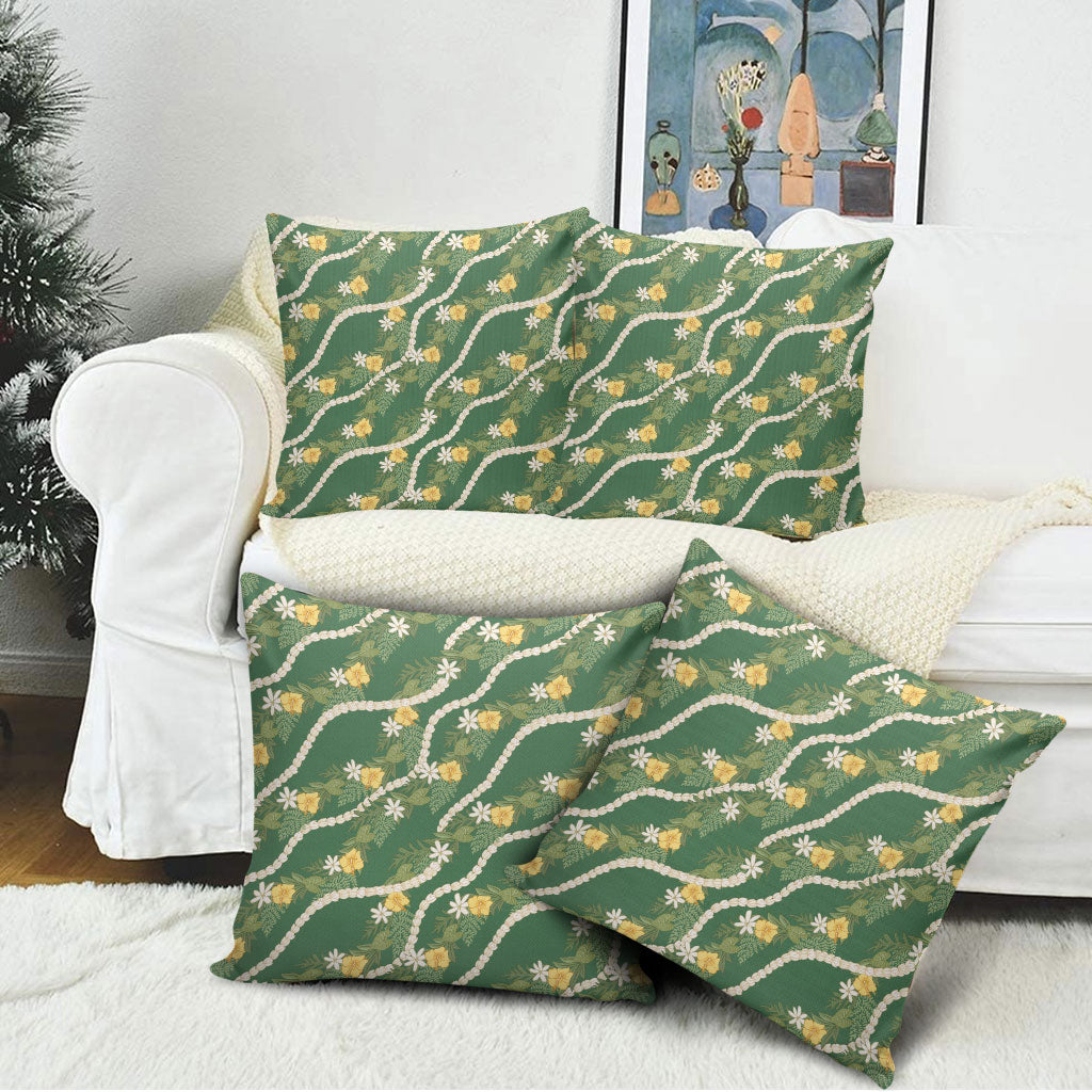 Hawaiian Pikake Maile Lei Pillow Cover Tiare Hibiscus Kalo Palapalai Leaf Green LT19 - Polynesian Pride