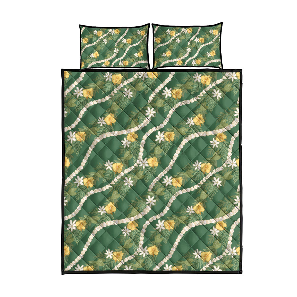 Hawaiian Pikake Maile Lei Quilt Bed Set Tiare Hibiscus Kalo Palapalai Leaf Green