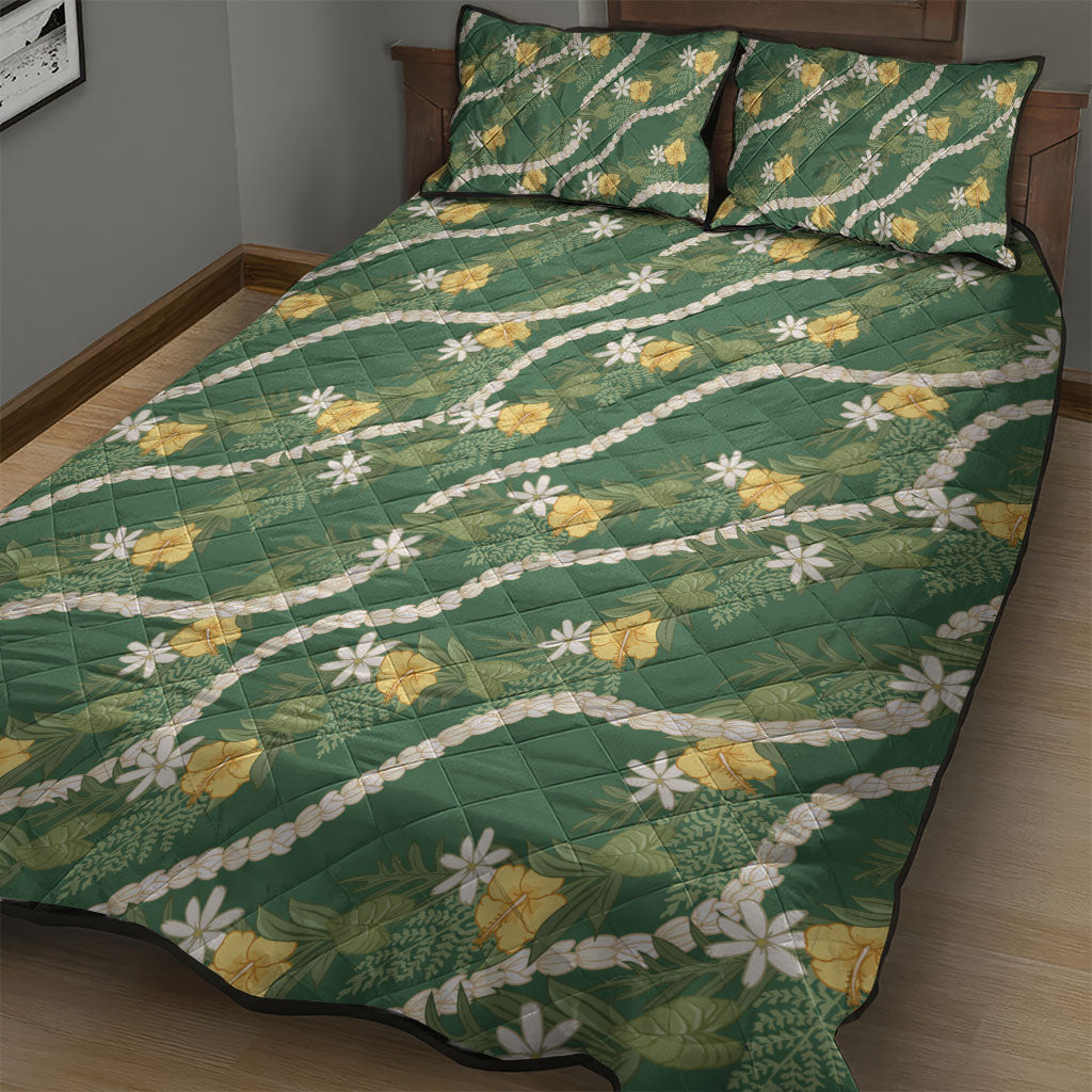 Hawaiian Pikake Maile Lei Quilt Bed Set Tiare Hibiscus Kalo Palapalai Leaf Green