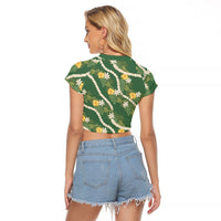 Hawaiian Pikake Maile Lei Raglan Cropped T Shirt Tiare Hibiscus Kalo Palapalai Leaf Green LT19 - Polynesian Pride
