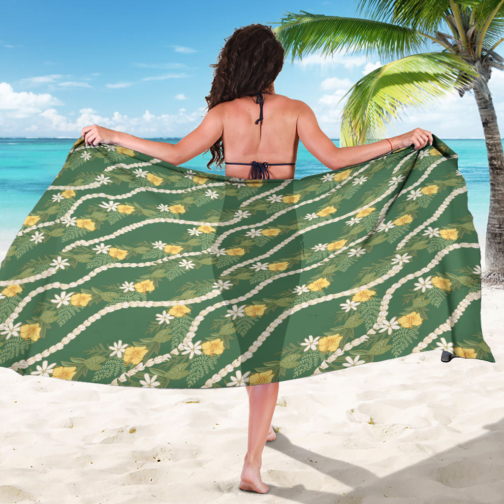 Hawaiian Pikake Maile Lei Sarong Tiare Hibiscus Kalo Palapalai Leaf Green
