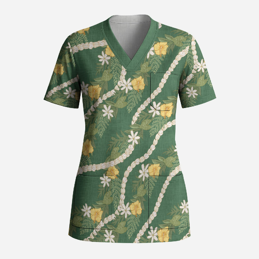 Hawaiian Pikake Maile Lei Scrub Top Tiare Hibiscus Kalo Palapalai Leaf Green