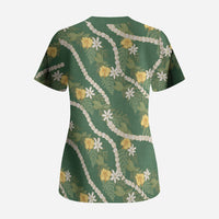 Hawaiian Pikake Maile Lei Scrub Top Tiare Hibiscus Kalo Palapalai Leaf Green
