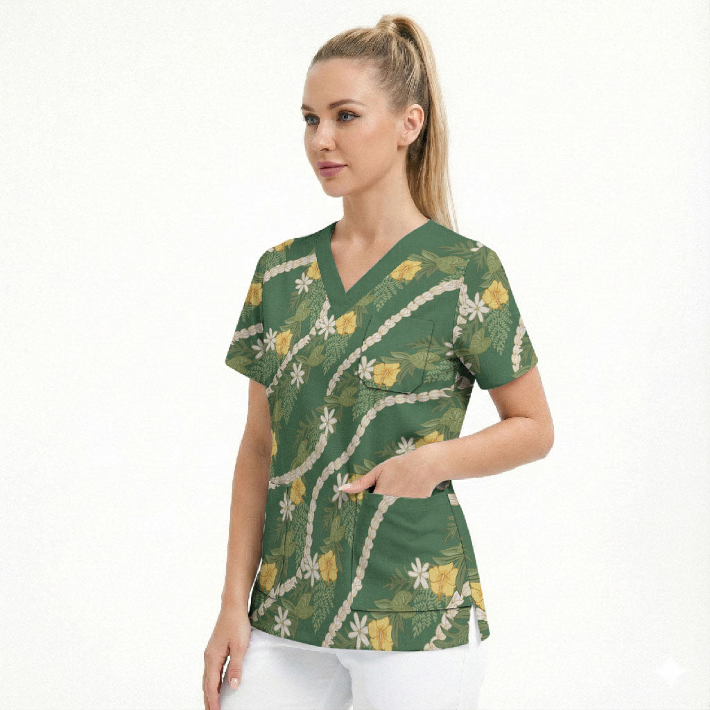 Hawaiian Pikake Maile Lei Scrub Top Tiare Hibiscus Kalo Palapalai Leaf Green