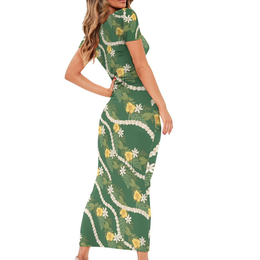 Hawaiian Pikake Maile Lei Short Sleeve Bodycon Dress Tiare Hibiscus Kalo Palapalai Leaf Green LT19 - Polynesian Pride