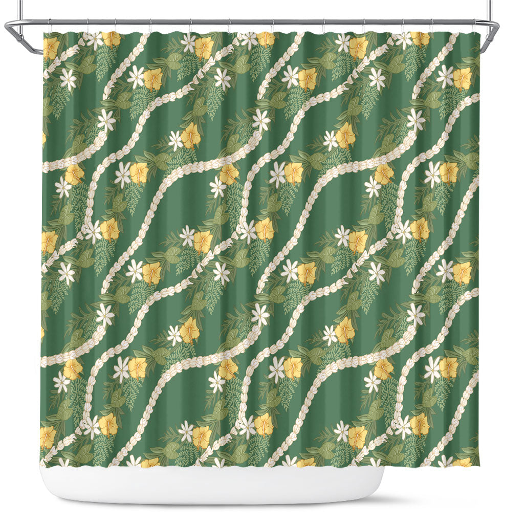 Hawaiian Pikake Maile Lei Shower Curtain Tiare Hibiscus Kalo Palapalai Leaf Green