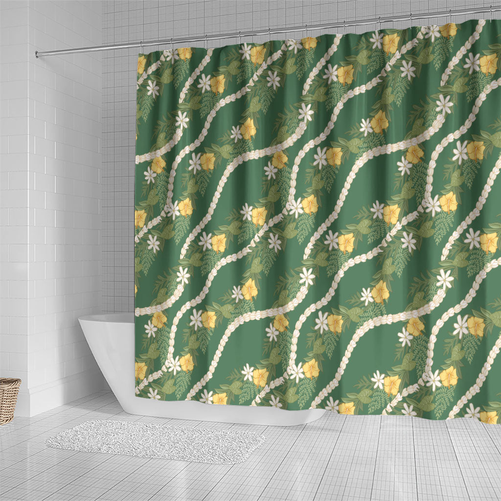 Hawaiian Pikake Maile Lei Shower Curtain Tiare Hibiscus Kalo Palapalai Leaf Green LT19 - Polynesian Pride