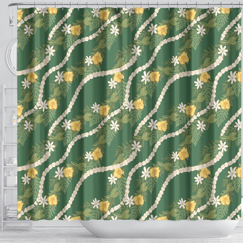 Hawaiian Pikake Maile Lei Shower Curtain Tiare Hibiscus Kalo Palapalai Leaf Green LT19 - Polynesian Pride