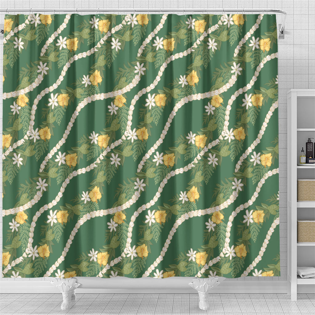 Hawaiian Pikake Maile Lei Shower Curtain Tiare Hibiscus Kalo Palapalai Leaf Green LT19 - Polynesian Pride