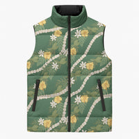 Hawaiian Pikake Maile Lei Sleeveless Puffer Jacket Tiare Hibiscus Kalo Palapalai Leaf Green