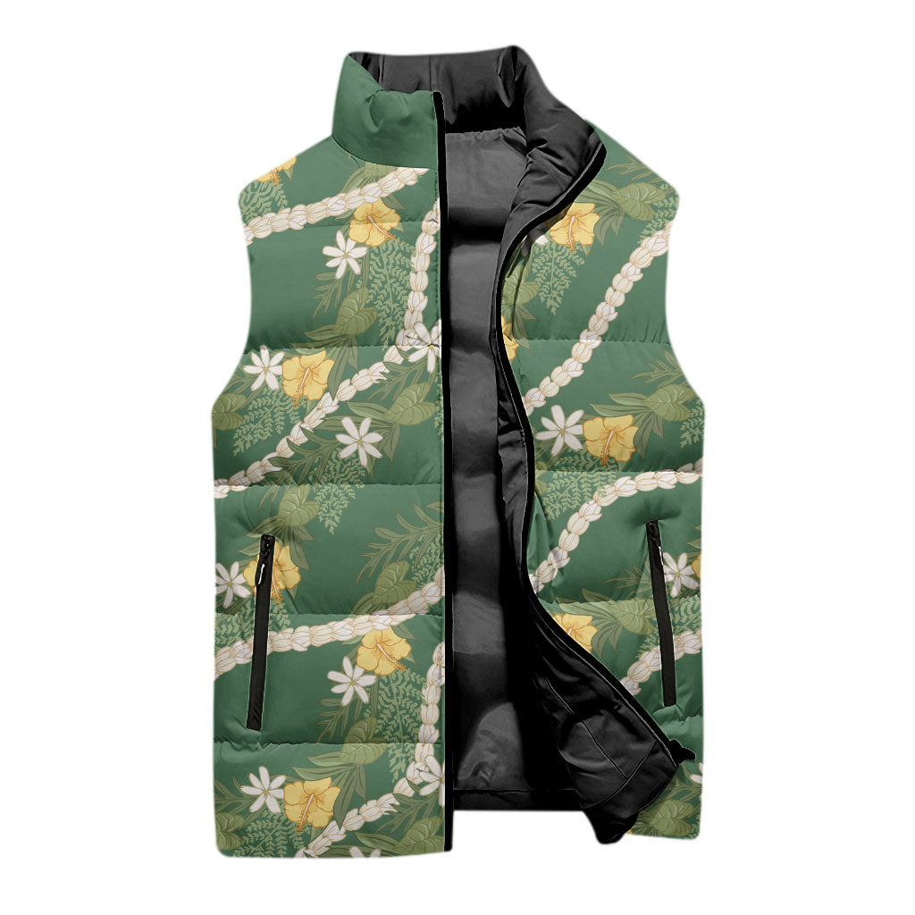 Hawaiian Pikake Maile Lei Sleeveless Puffer Jacket Tiare Hibiscus Kalo Palapalai Leaf Green