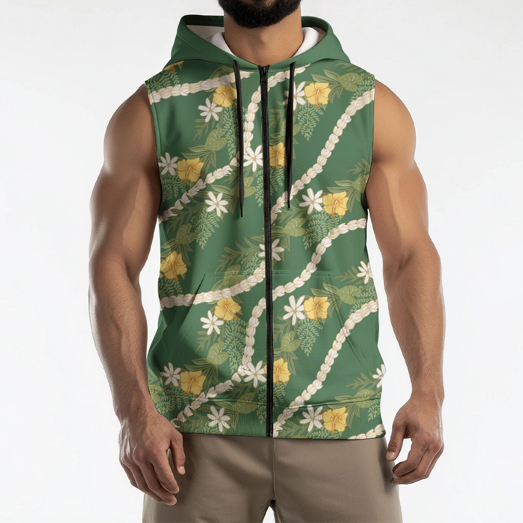 Hawaiian Pikake Maile Lei Sleeveless Zip Hoodie Tiare Hibiscus Kalo Palapalai Leaf Green LT19 - Polynesian Pride