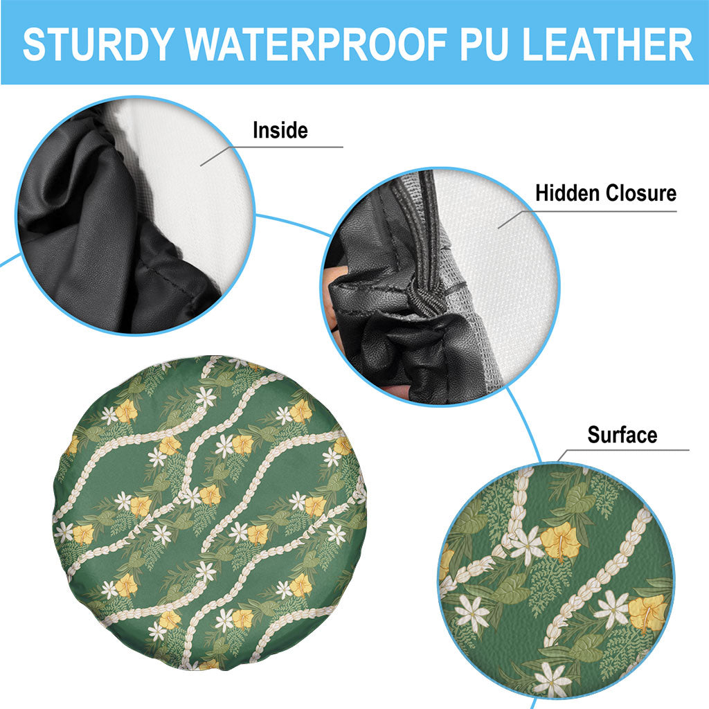 Hawaiian Pikake Maile Lei Spare Tire Cover Tiare Hibiscus Kalo Palapalai Leaf Green LT19 - Polynesian Pride