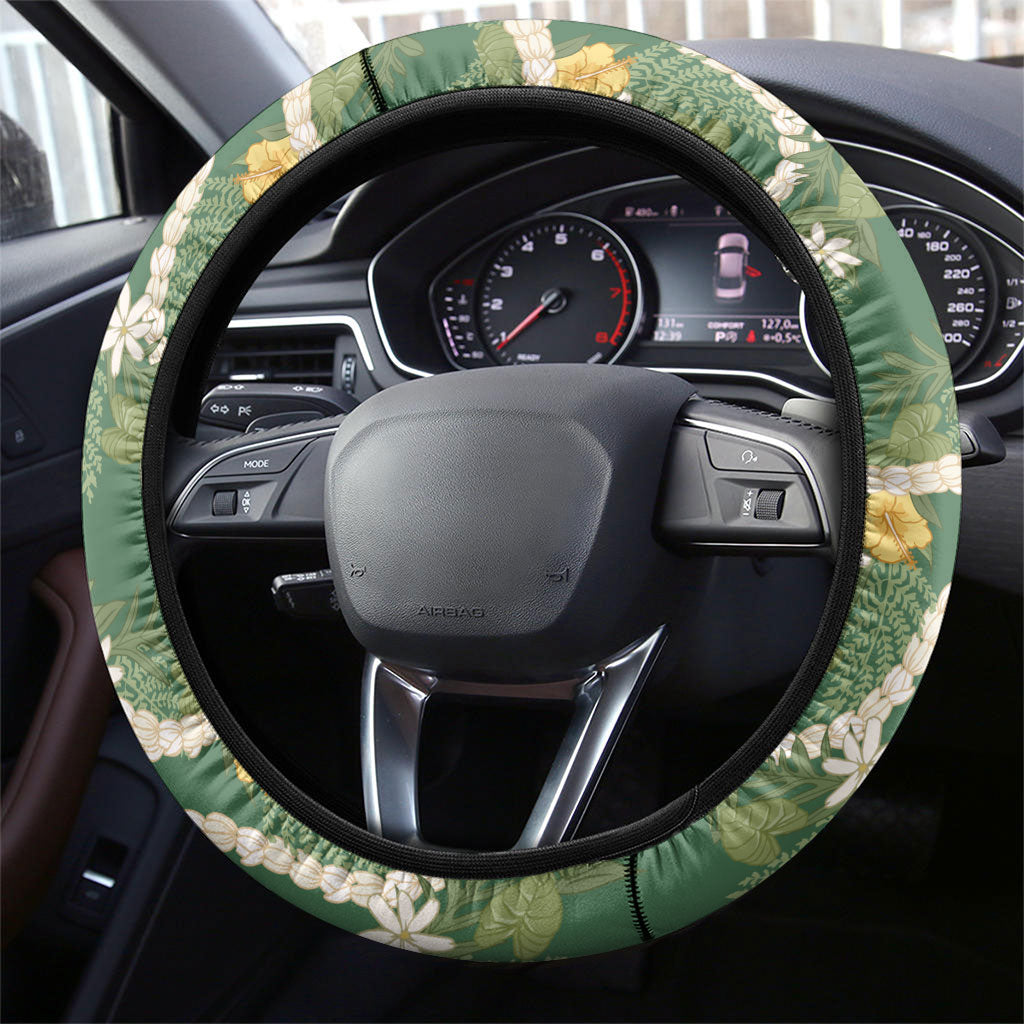 Hawaiian Pikake Maile Lei Steering Wheel Cover Tiare Hibiscus Kalo Palapalai Leaf Green LT19 - Polynesian Pride