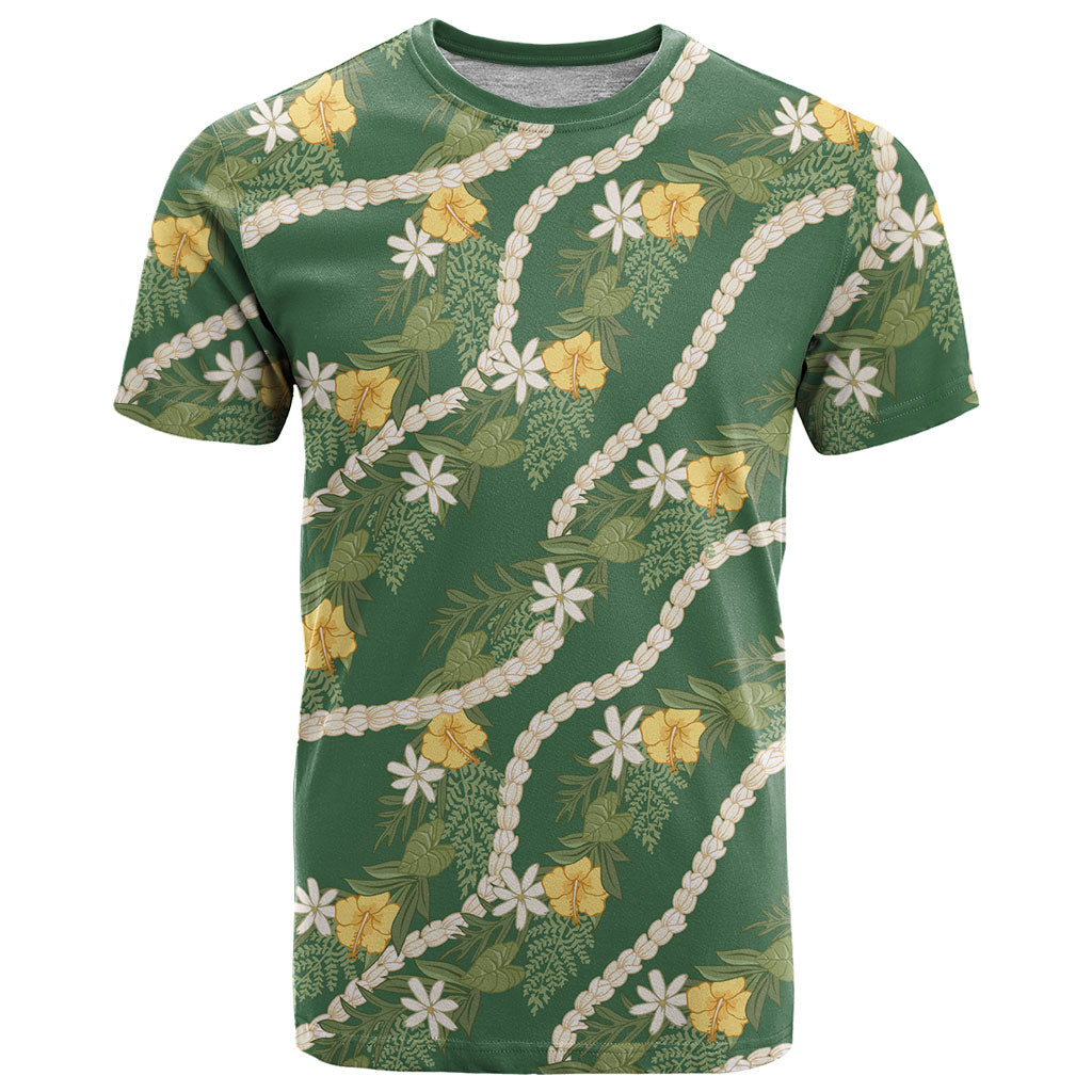 Hawaiian Pikake Maile Lei T Shirt Tiare Hibiscus Kalo Palapalai Leaf Green