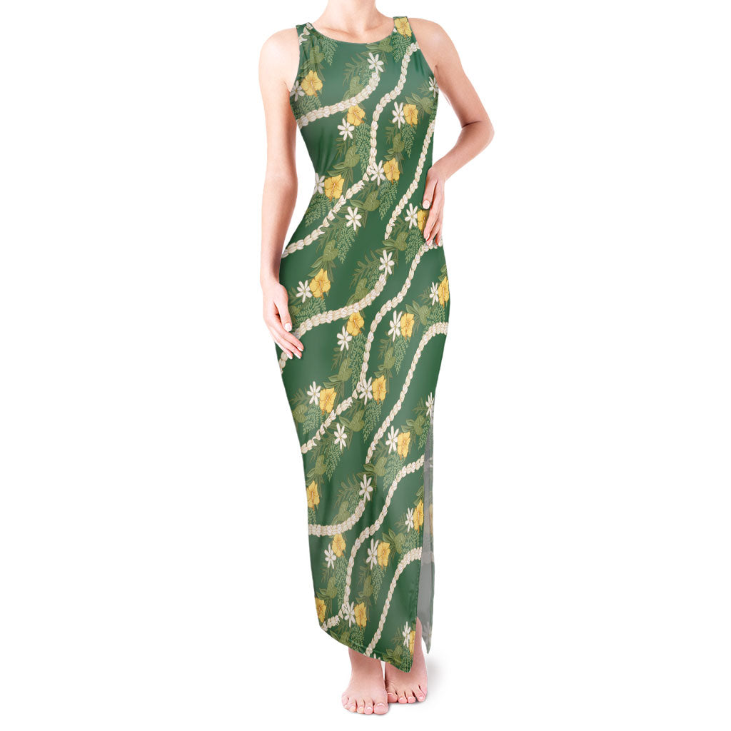 Hawaiian Pikake Maile Lei Tank Maxi Dress Tiare Hibiscus Kalo Palapalai Leaf Green LT19 Women Green - Polynesian Pride