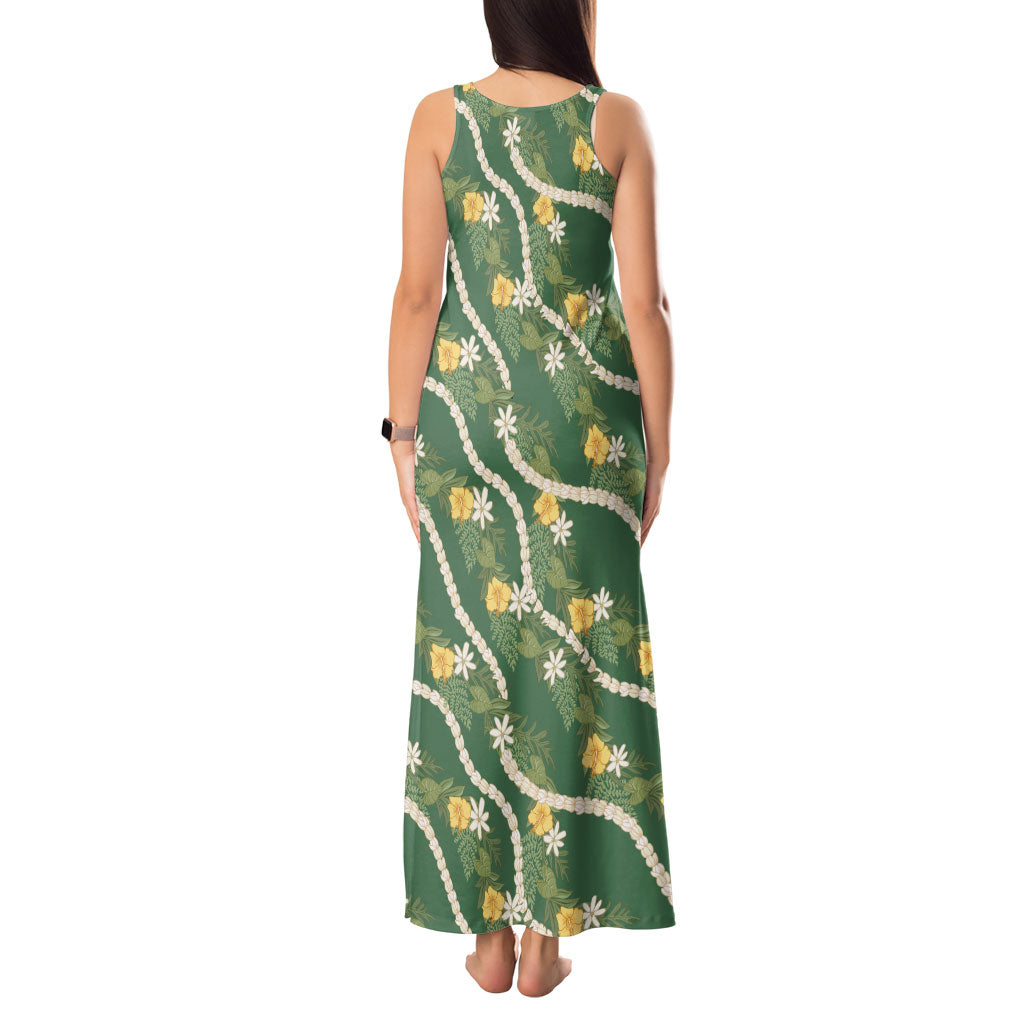 Hawaiian Pikake Maile Lei Tank Maxi Dress Tiare Hibiscus Kalo Palapalai Leaf Green LT19 - Polynesian Pride