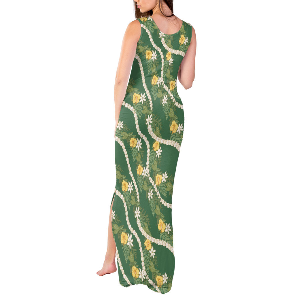 Hawaiian Pikake Maile Lei Tank Maxi Dress Tiare Hibiscus Kalo Palapalai Leaf Green LT19 - Polynesian Pride