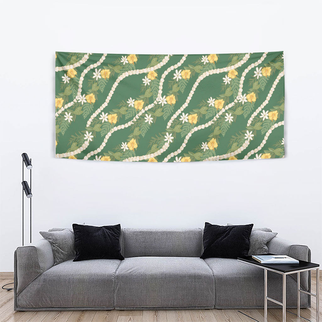 Hawaiian Pikake Maile Lei Tapestry Tiare Hibiscus Kalo Palapalai Leaf Green