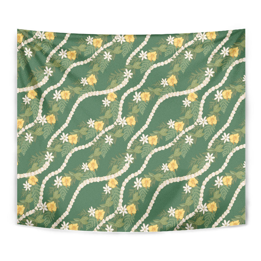 Hawaiian Pikake Maile Lei Tapestry Tiare Hibiscus Kalo Palapalai Leaf Green