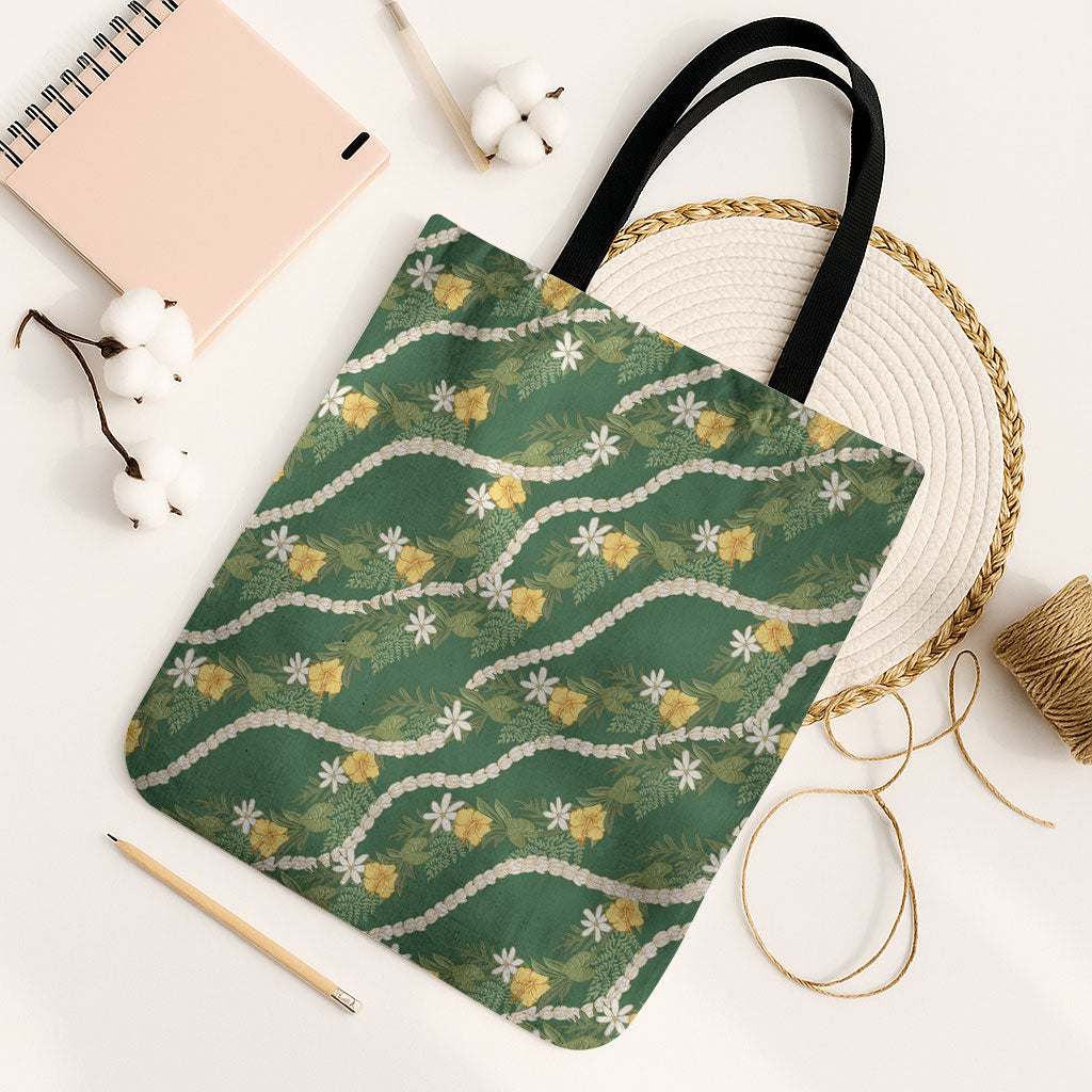 Hawaiian Pikake Maile Lei Tote Bag Tiare Hibiscus Kalo Palapalai Leaf Green