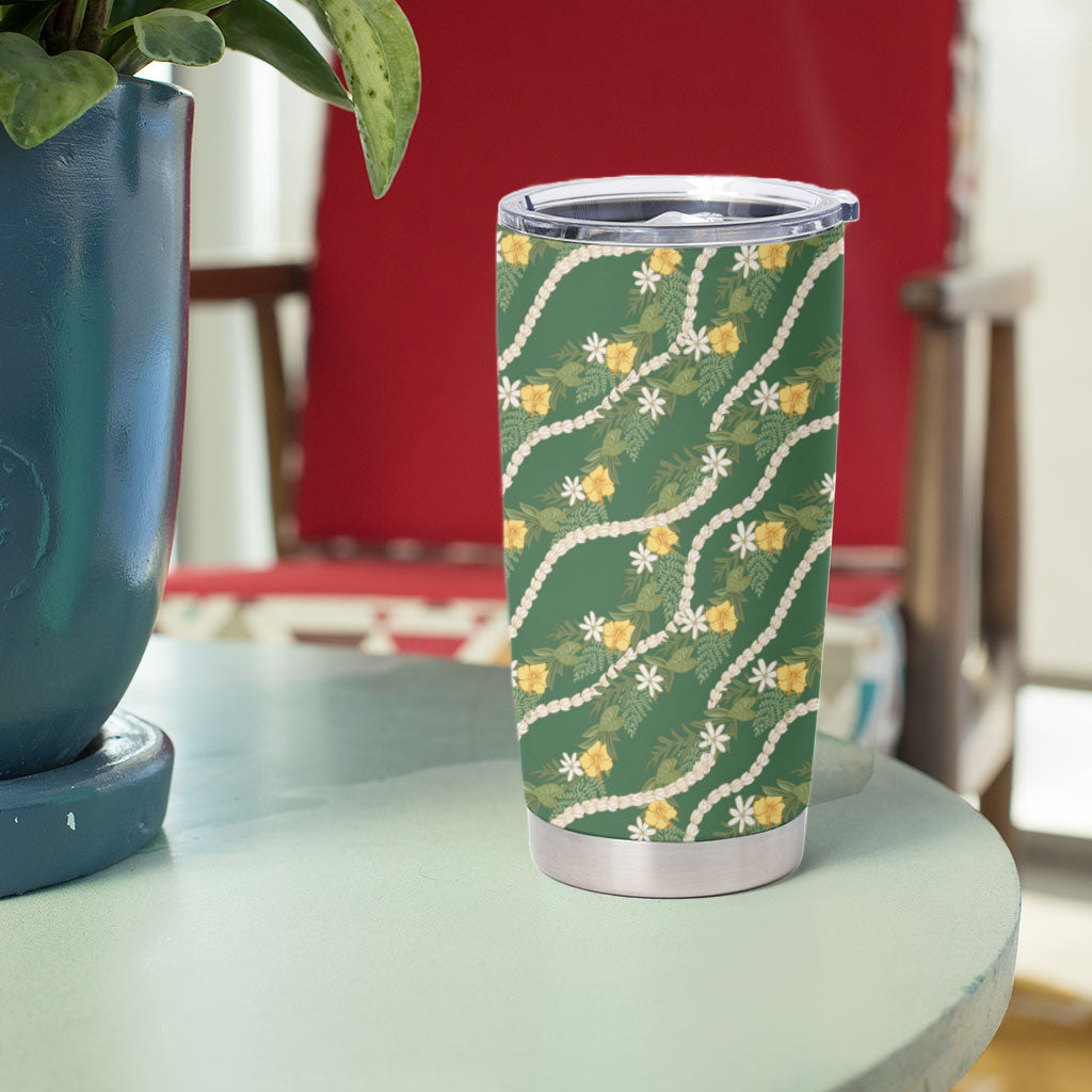 Hawaiian Pikake Maile Lei Tumbler Cup Tiare Hibiscus Kalo Palapalai Leaf Green LT19 - Polynesian Pride