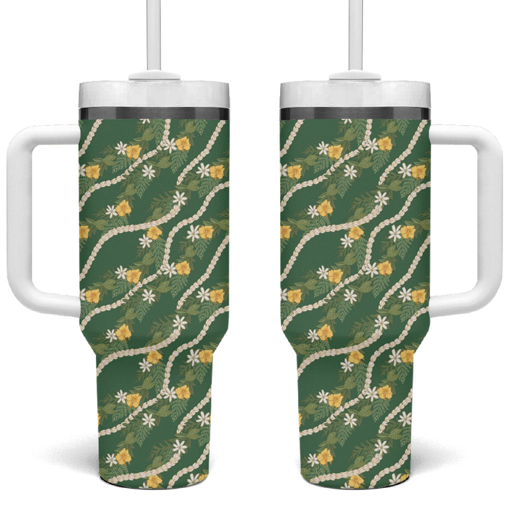 Hawaiian Pikake Maile Lei Tumbler With Handle Tiare Hibiscus Kalo Palapalai Leaf Green