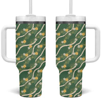 Hawaiian Pikake Maile Lei Tumbler With Handle Tiare Hibiscus Kalo Palapalai Leaf Green LT19 One Size: 40 oz Green - Polynesian Pride