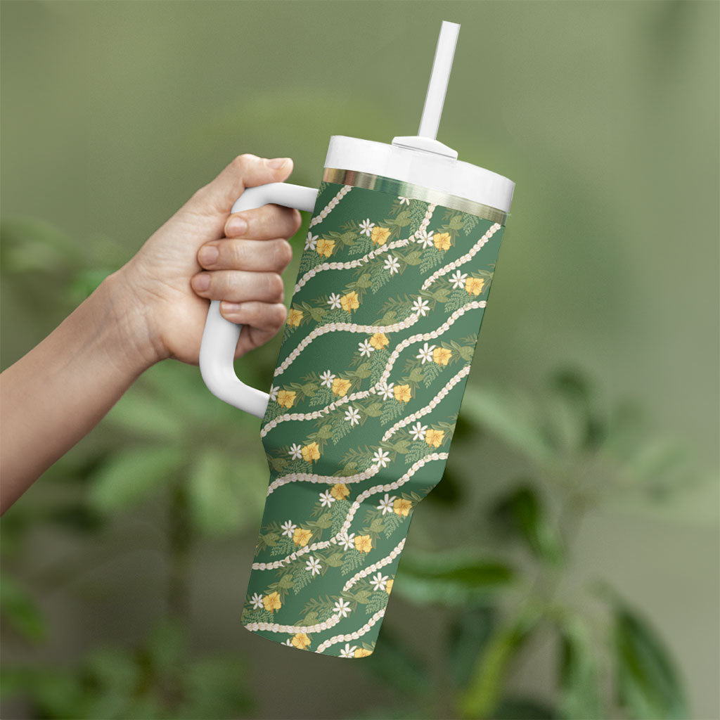 Hawaiian Pikake Maile Lei Tumbler With Handle Tiare Hibiscus Kalo Palapalai Leaf Green LT19 - Polynesian Pride
