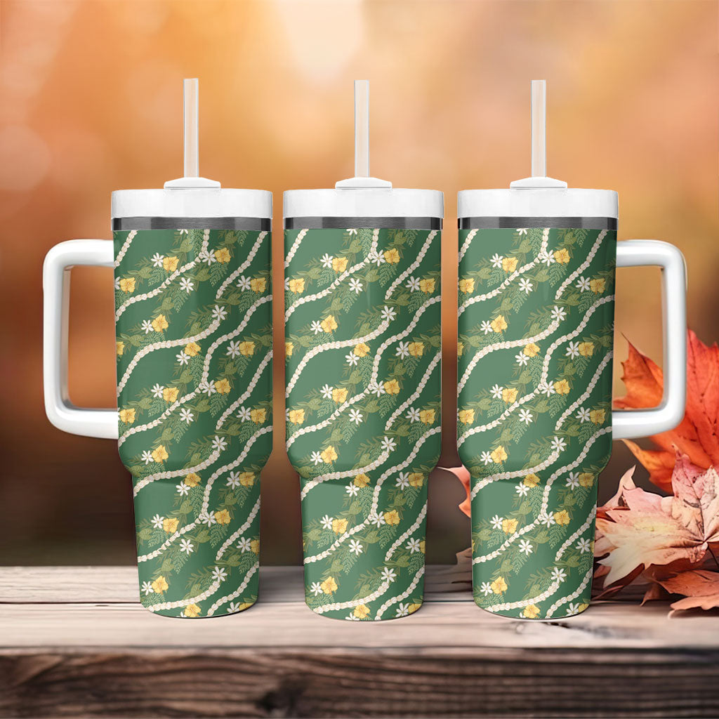 Hawaiian Pikake Maile Lei Tumbler With Handle Tiare Hibiscus Kalo Palapalai Leaf Green LT19 - Polynesian Pride