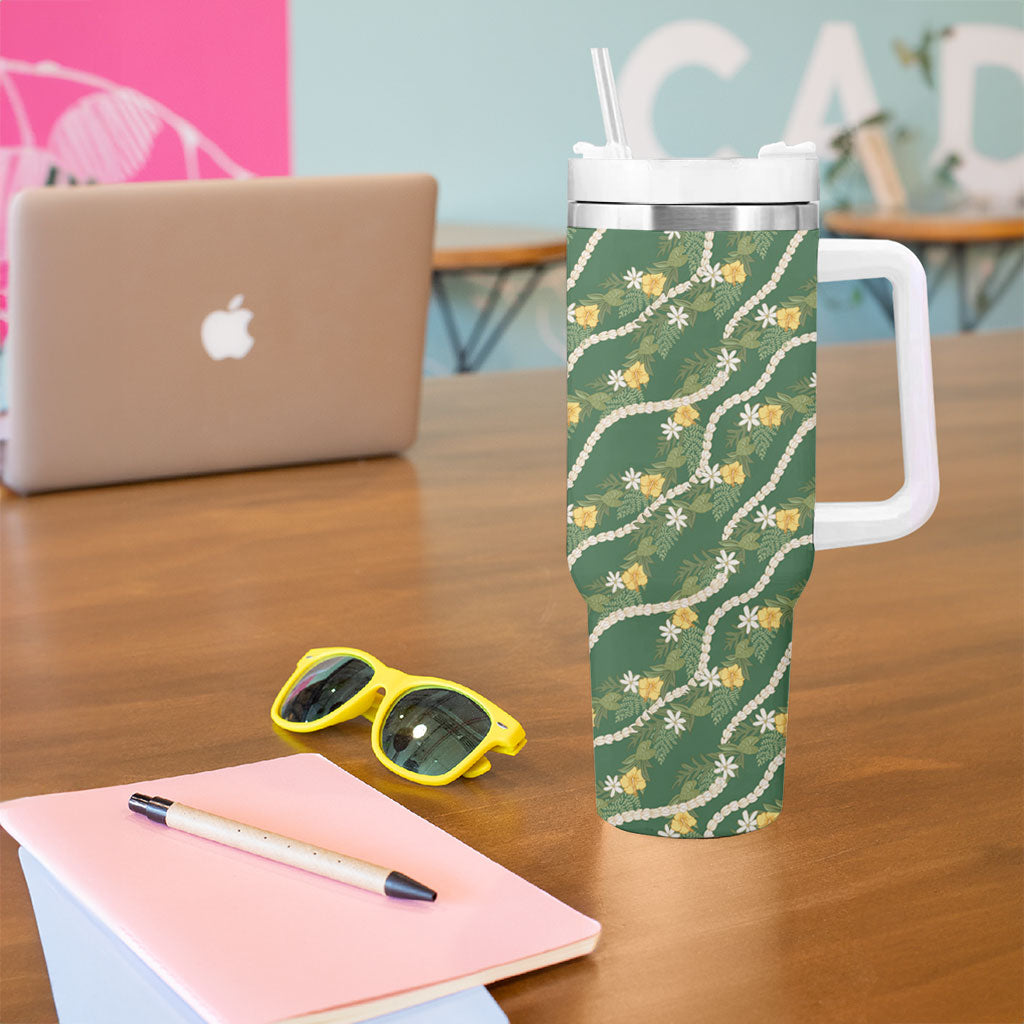 Hawaiian Pikake Maile Lei Tumbler With Handle Tiare Hibiscus Kalo Palapalai Leaf Green LT19 - Polynesian Pride