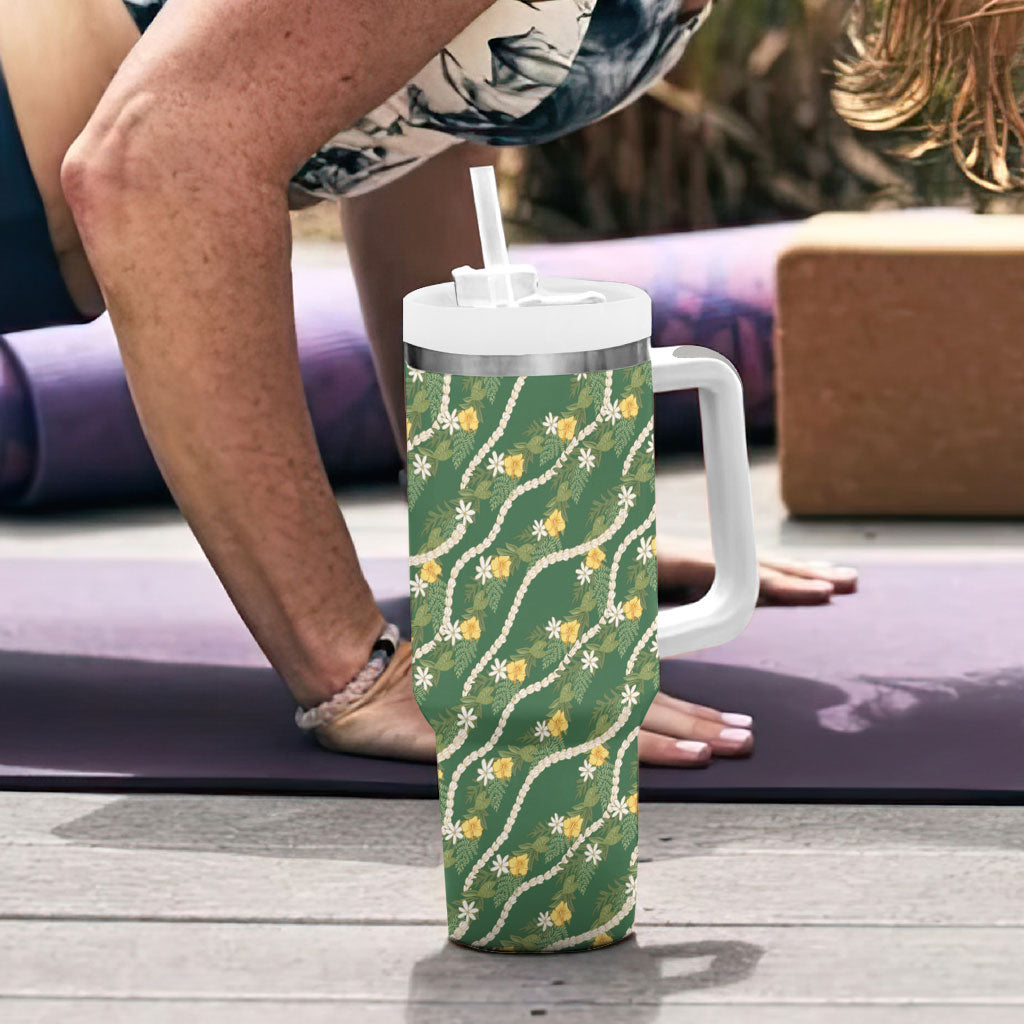 Hawaiian Pikake Maile Lei Tumbler With Handle Tiare Hibiscus Kalo Palapalai Leaf Green LT19 - Polynesian Pride