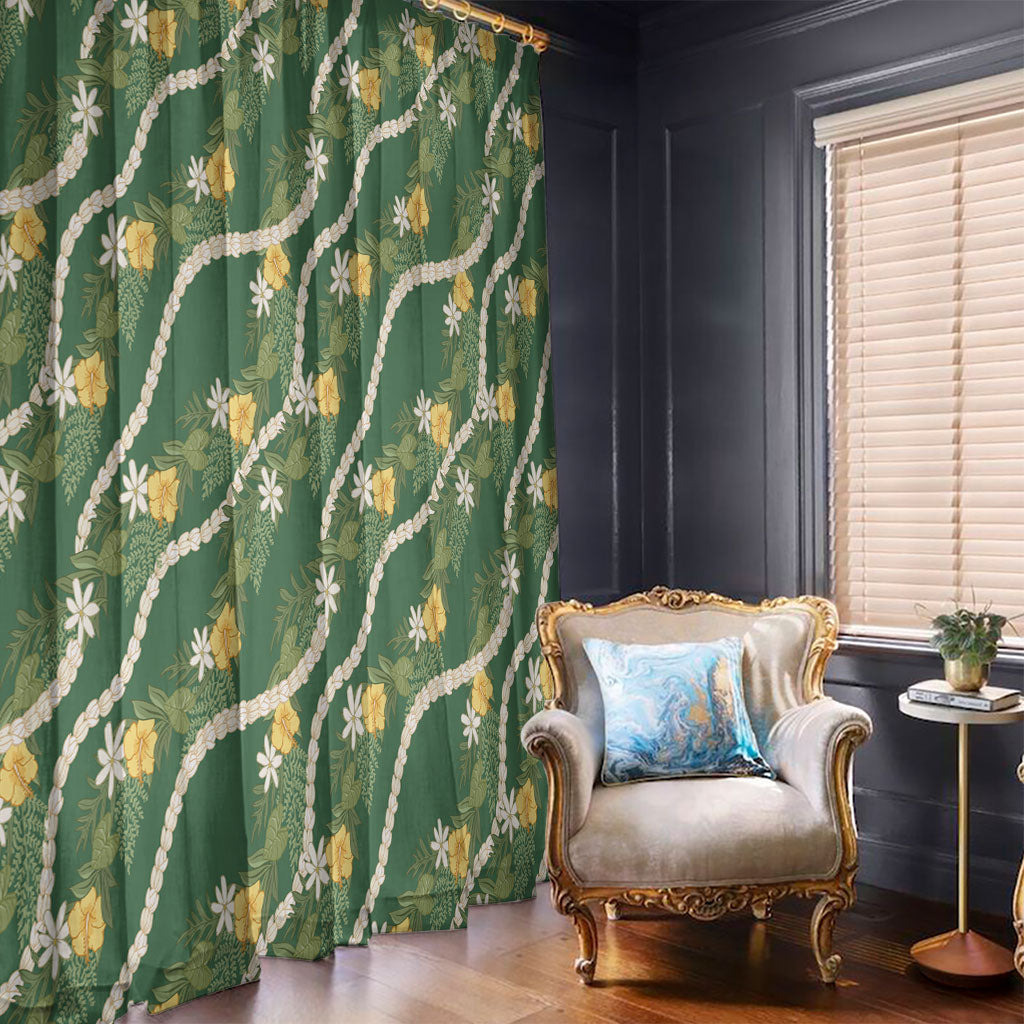 Hawaiian Pikake Maile Lei Window Curtain Tiare Hibiscus Kalo Palapalai Leaf Green