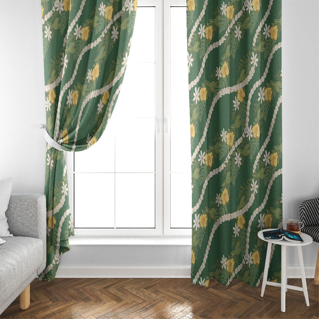 Hawaiian Pikake Maile Lei Window Curtain Tiare Hibiscus Kalo Palapalai Leaf Green