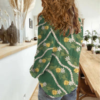 Hawaiian Pikake Maile Lei Women Casual Shirt Tiare Hibiscus Kalo Palapalai Leaf Green LT19 - Polynesian Pride
