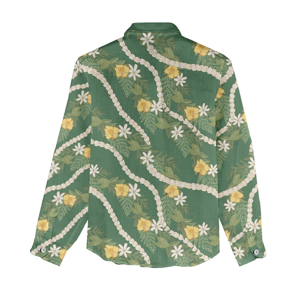 Hawaiian Pikake Maile Lei Women Casual Shirt Tiare Hibiscus Kalo Palapalai Leaf Green LT19 - Polynesian Pride