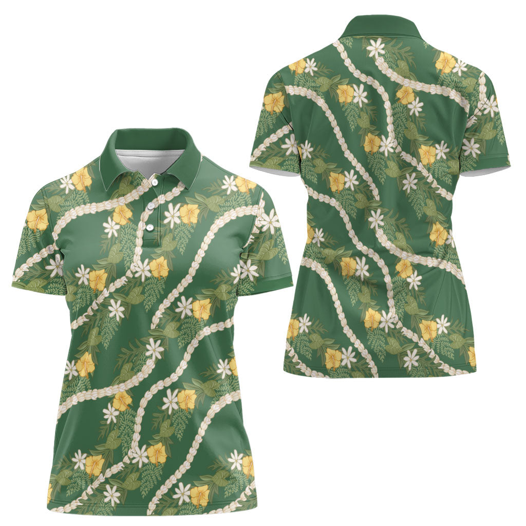 Hawaiian Pikake Maile Lei Women Polo Shirt Tiare Hibiscus Kalo Palapalai Leaf Green LT19 - Polynesian Pride