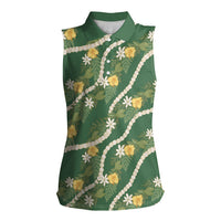 Hawaiian Pikake Maile Lei Women Sleeveless Polo Shirt Tiare Hibiscus Kalo Palapalai Leaf Green LT19 Female Green - Polynesian Pride