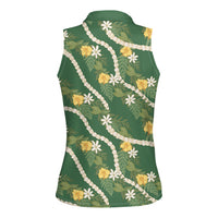 Hawaiian Pikake Maile Lei Women Sleeveless Polo Shirt Tiare Hibiscus Kalo Palapalai Leaf Green LT19 - Polynesian Pride