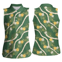 Hawaiian Pikake Maile Lei Women Sleeveless Polo Shirt Tiare Hibiscus Kalo Palapalai Leaf Green LT19 - Polynesian Pride
